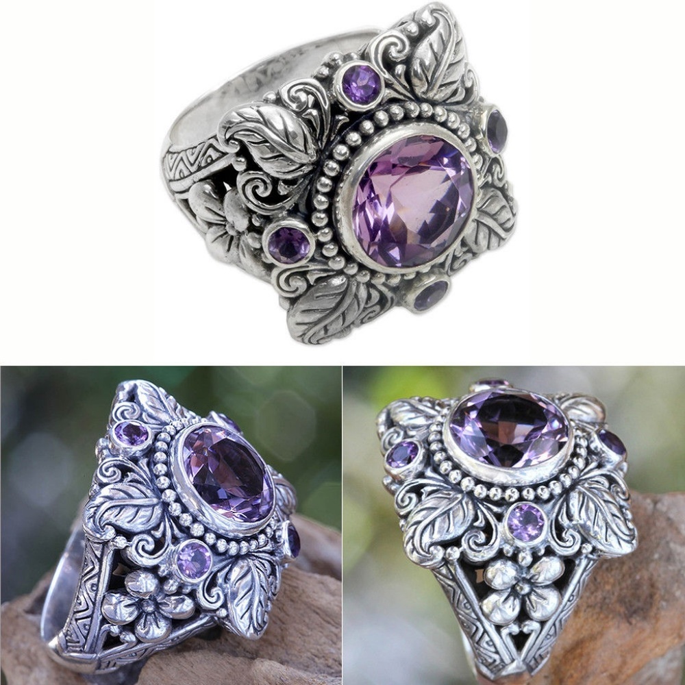 925 Silver Thai Vintage Style Leaf Flower Amethyst Ring Chunky